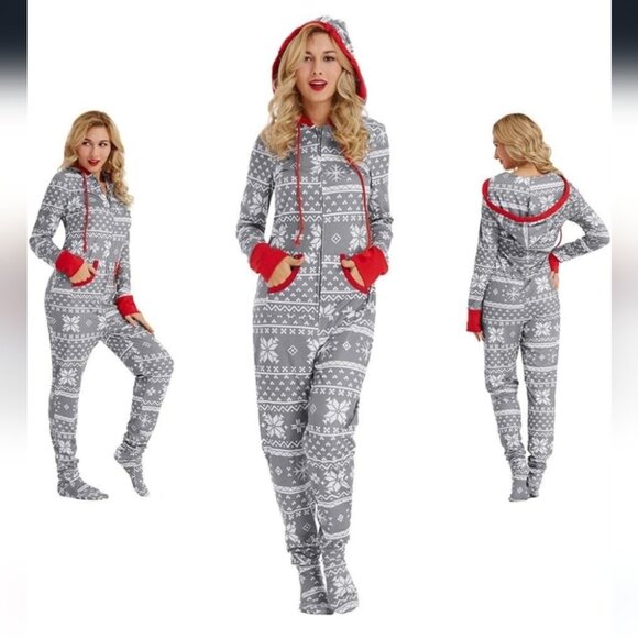Christmas Pajamas Snowflake Pattern Xmas Adult Women Hooded Sleeper XL New - Picture 1 of 5